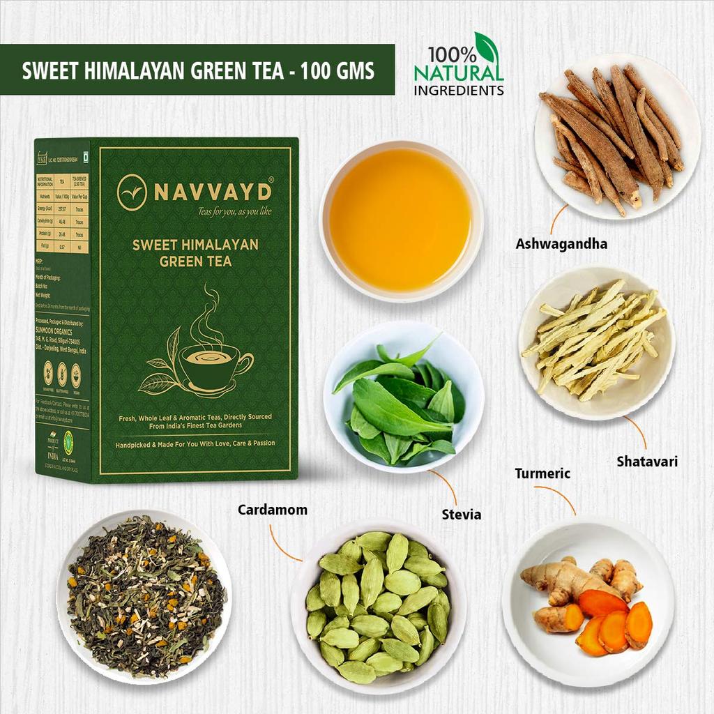 Navvayd Sweet Himalayan Green Tea, With Ashwagandha, Shatavari, Stevia, Turmeric & Cardamom, Loose Leaf - Enjoy Hot or Cold (100 Gm)