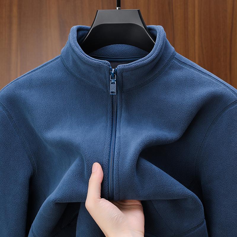 Autumn Men Polar Fleece Cardigan Sweatshirts Men's Stand Up Collar Zipper Jackets Y2K Vintage Solid Color Coats Basic Tracksuit