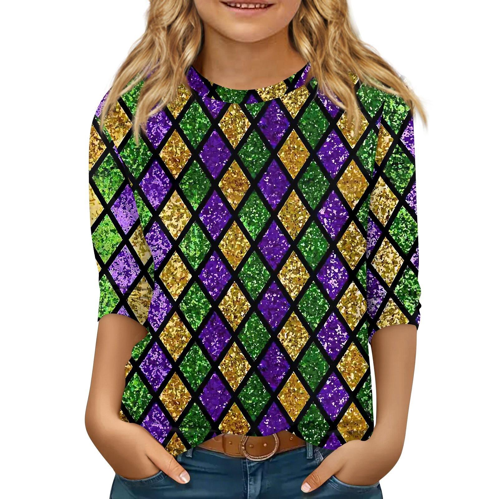 

Детские топы с рукавами 3/4, повседневная футболка с карнавальным принтом, круглый вырез, блузка-пуловер 130 фиолетовый