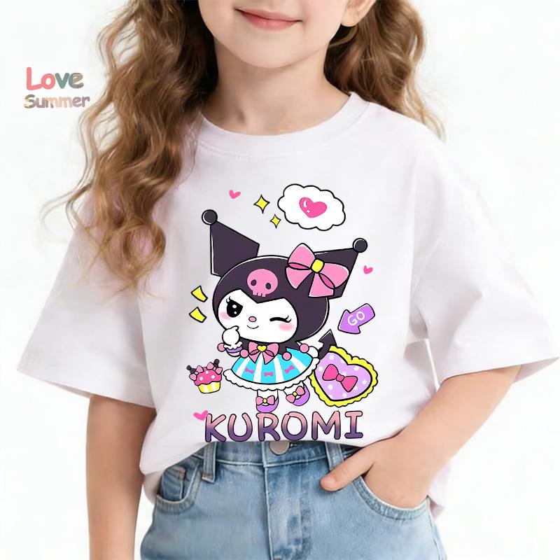 Kuromi T-Shirt Cute Cartoon Little Girls T-Shirt 4-14Yrs O Neck Short Sleeve Cat Print Casual Summer Top for Comfy