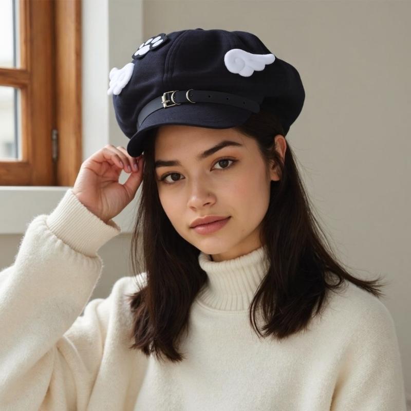 Trendy Wing Embellished Beret Hat Unique Wing Beret Hat Large Border Hat for Casual Outings or Art Exhibitions