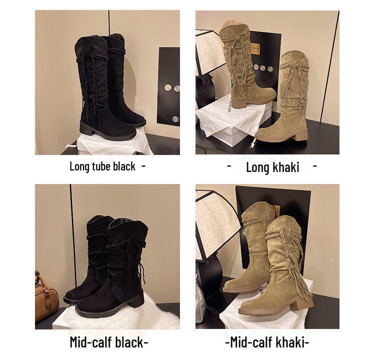 Women's Retro Post-Apocalyptic Western Tassel Boots – 2025 Autumn/Winter Long Slouchy Mid-Calf Style