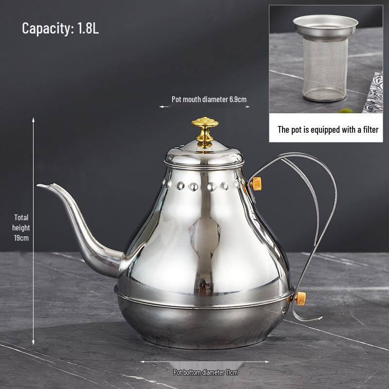 Stainless Steel Teapot with Filter for Induction Cookers - Long Spout, Large Capacity, Ideal for Restaurant Use.