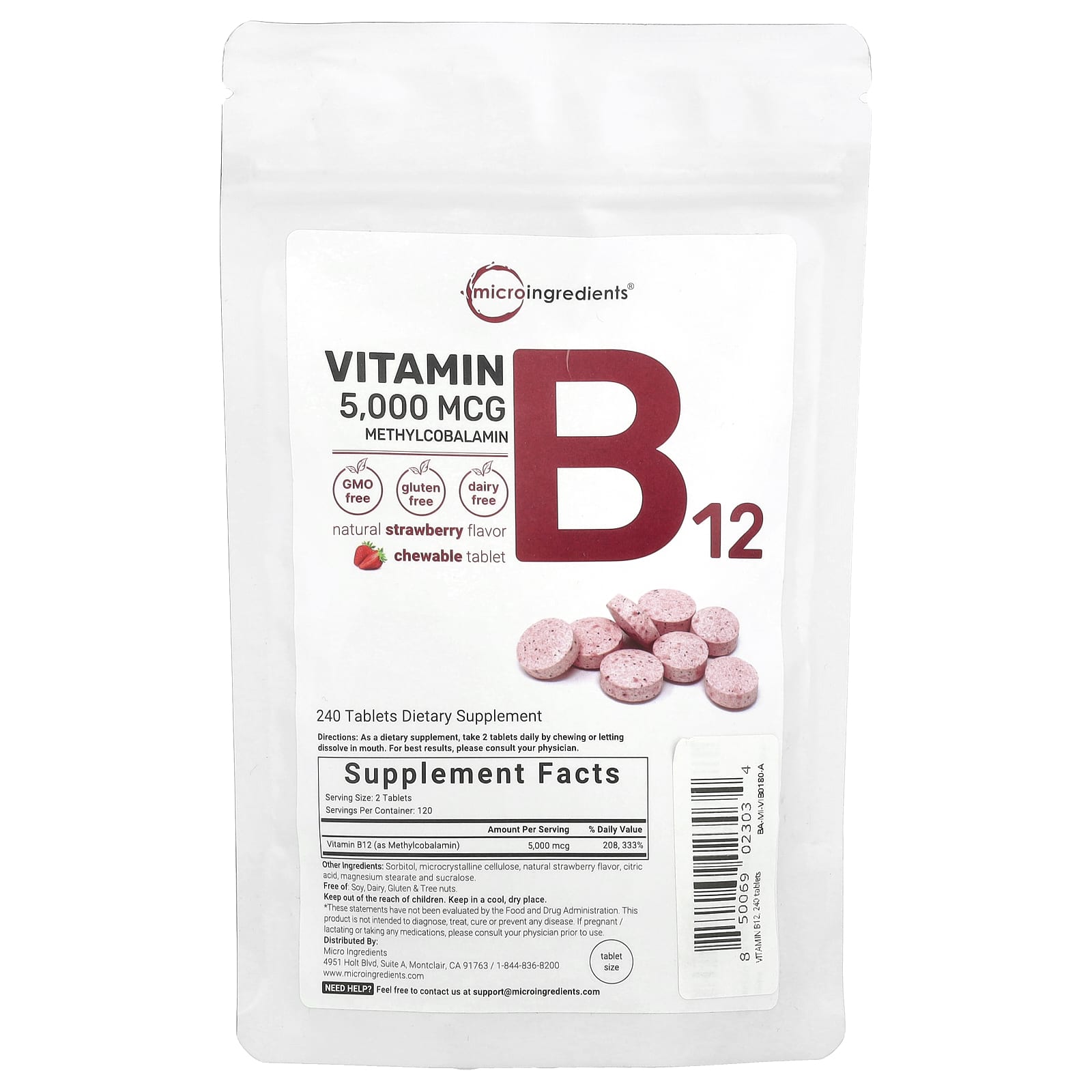 

Vitamin B12 Methylcobalamin, Strawberry Flavor, Chewable Tablets 240 Tablets (2,500Mcg per Tablet)