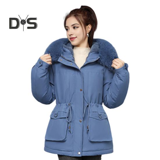 Women Winter Coat Thick Plush Furry Hooded Long Sleeves Pockets Drawstring Waist Zip-up Windproof Mid Length Overcoat Outdoor Outwear