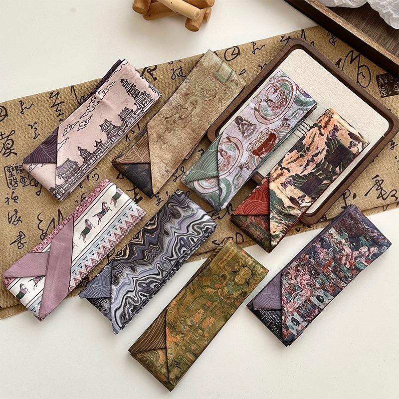 Long streamer bow tied hair retro Dunhuang oil painting silk scarf headband women tied headscarf