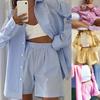 Women Outfit Vertical Stripes High Waist Two-piece Long Sleeve Lapel Shirt Pockets Shorts for Party