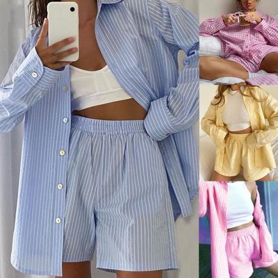 Traje de mujer con rayas verticales, cintura alta, dos piezas, manga larga, solapa, camisa, bolsillos, pantalones cortos para fiesta