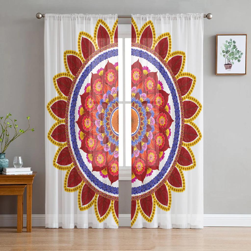 Mandala Datura Buddhism Ethnic Voile Curtains Kitchen Living Room Bedroom Decor Tulle Window Treatment Boho Sheer Made Of Polyester