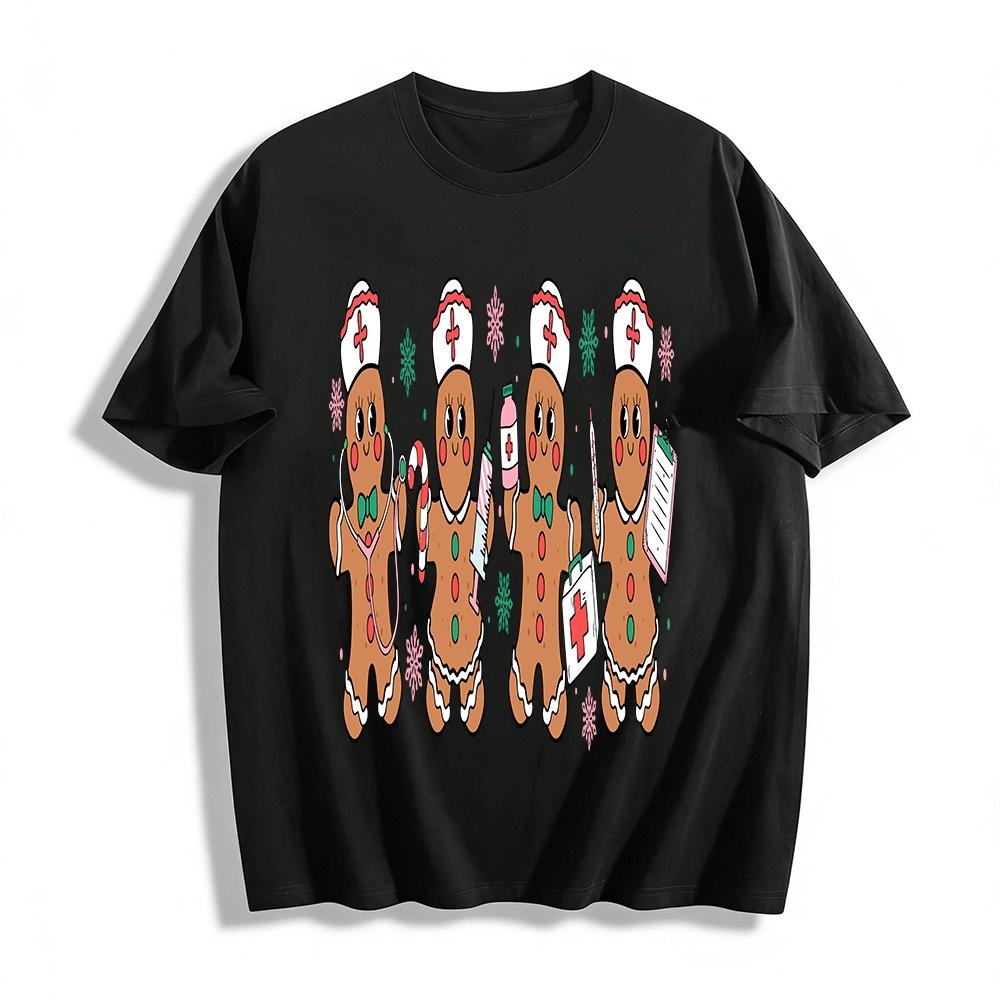 Christmas Nurse Gingerbread Man Graphic Casual Top Pure cotton T-shirt XXS