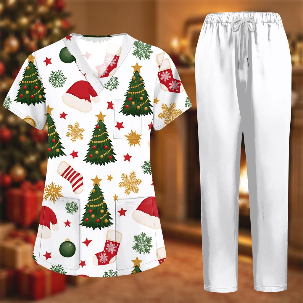 Damen-Uniformset mit kurzärmeligem Weihnachtsdruck-Oberteil und Hose, 2-teiliger Pflegekraft-Kittel