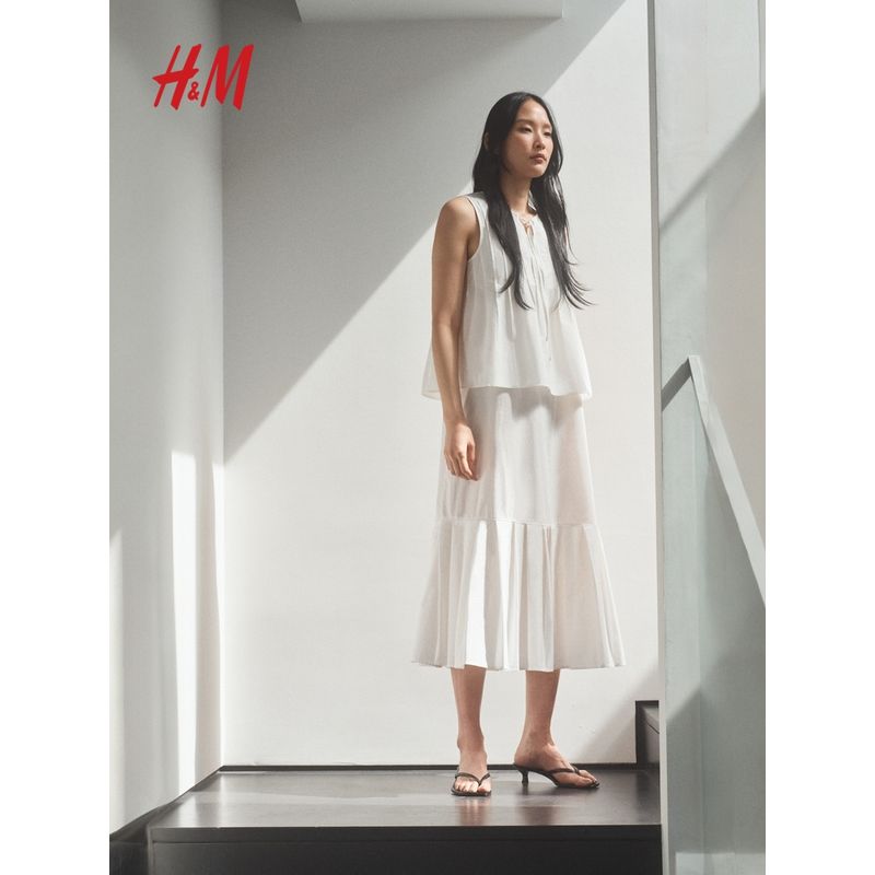 

HM Women s Shirt 2025 Summer New Sleeveless Fresh Pleated Cotton Work Clothing Short Sleeve Tops 1296188 White 155/80(XS)