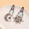Vintage Asymmetrical Sun Moon Star Drop Earrings Multicolor Rhinestone Enamel Celestial Long Dangle Earrings for Women