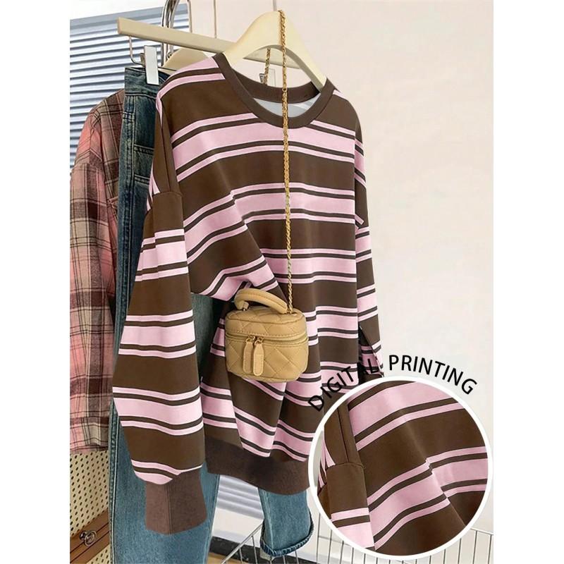 Womens Casual Striped Print Hoodie-Free Sweatshirt Loose Fit Round Neck Long Sleeve Top 2025