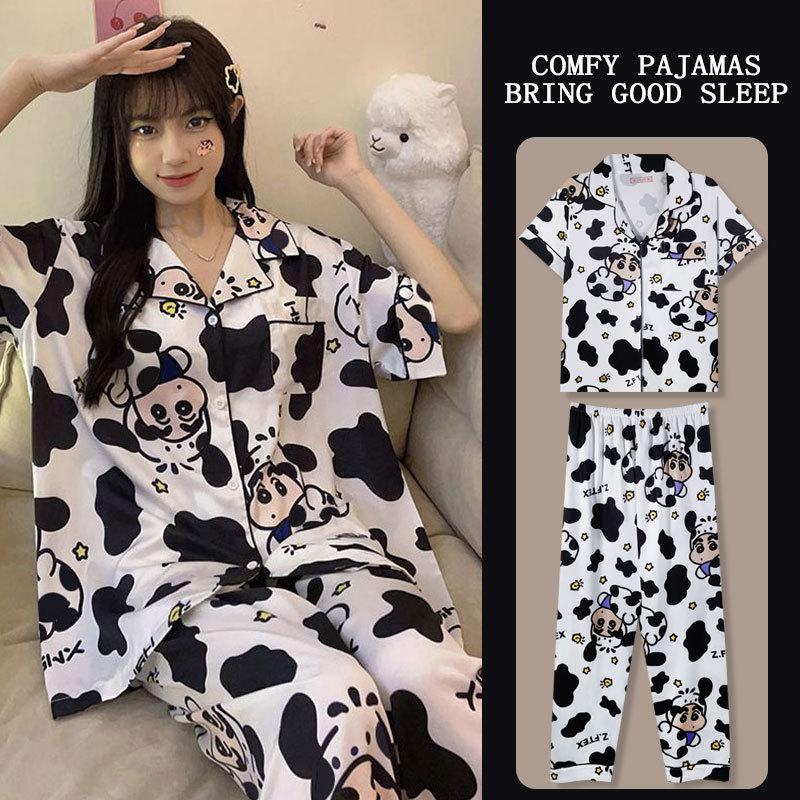 Japanese Kitty Cat Pajamas Women's Summer Thin Short-sleeved Trousers Loose Plus Size Girl Raw Loungewear Set
