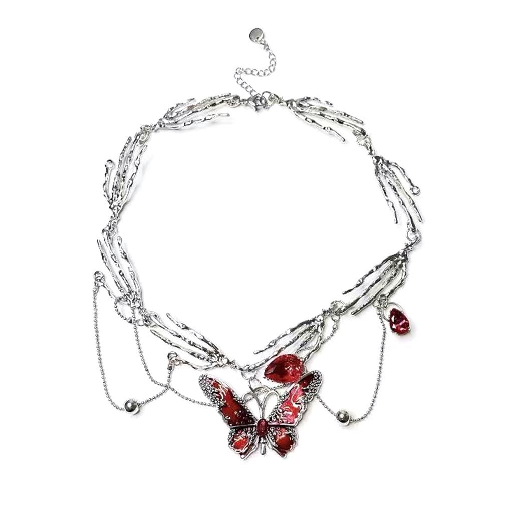 Red Enamel Butterfly Tassels Multi Layer Necklace Elegant Adjustable Length Neckchain Alloy Jewelry Gift for Women