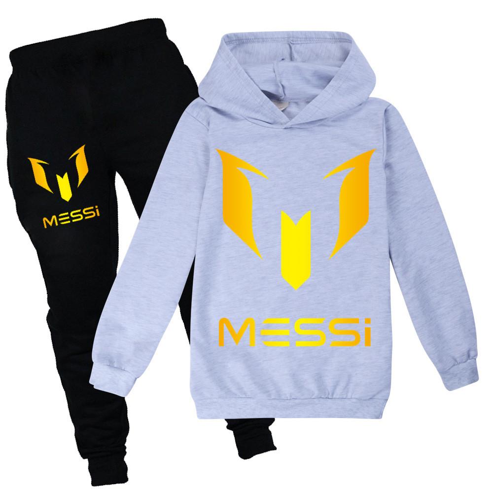Messi Letter Print Cartoon Kids Hoodie And Pants Set With Cotton Fabric