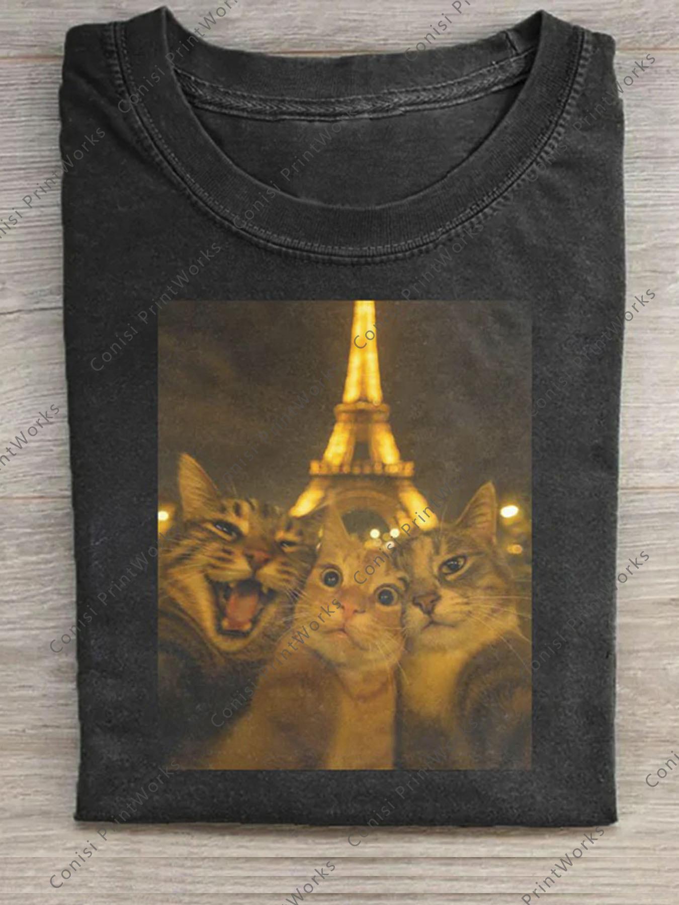 

European sizes Washed, Printed T-shirt Of Happy Time for Cats, High-quality Wax Printed Cotton Fashion Brand T-shirt, Men s T-shirt S чёрный