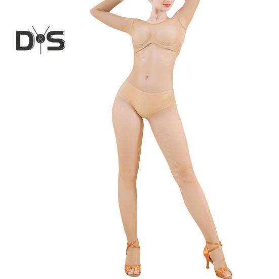 Damen Netz-Overall, ausgehöhlt, langärmelig, dünne Strumpfhose, O-Ausschnitt, hochelastischer Netz-Bodystocking, Tanz-Overall, Latin, Full