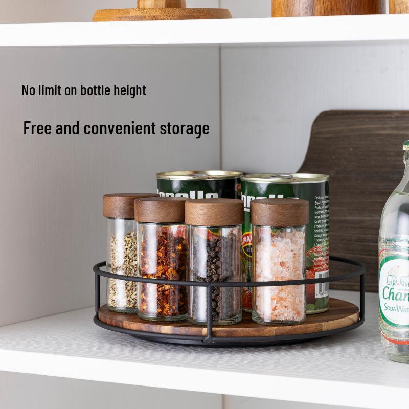 Solid Wood & Steel Rotating Organizer Tray for Spices & Makeup