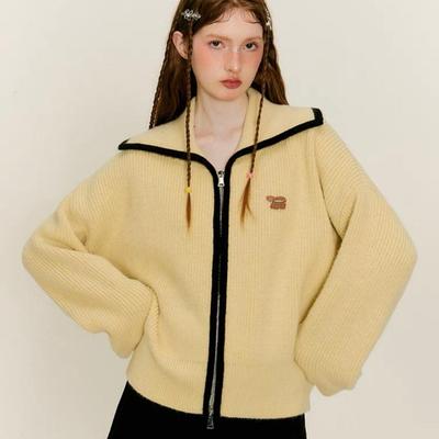 Autumn and Winter Long-sleeved Contrasting Color Lapel Zipper Knitted Cardigan Sweater Women's Coat Top