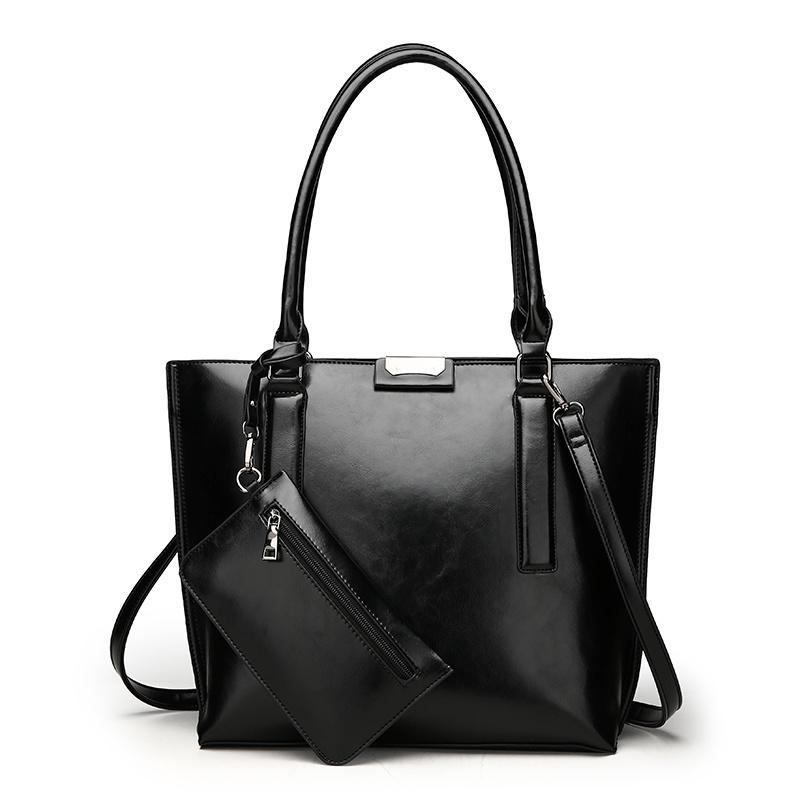 2 Pcs Set Women Casual Tote High Quality Oil Wax Soft Leather Elegant Offcie Handbag and Purses Retro Black Luxury Bag 2022 New