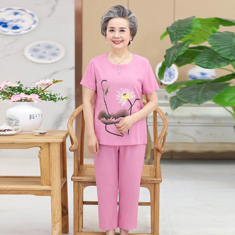 Plus Size Cotton Linen Two-Piece Set for Middle-Aged & Elderly Women: Short Sleeve, All-Cotton Silk Blend