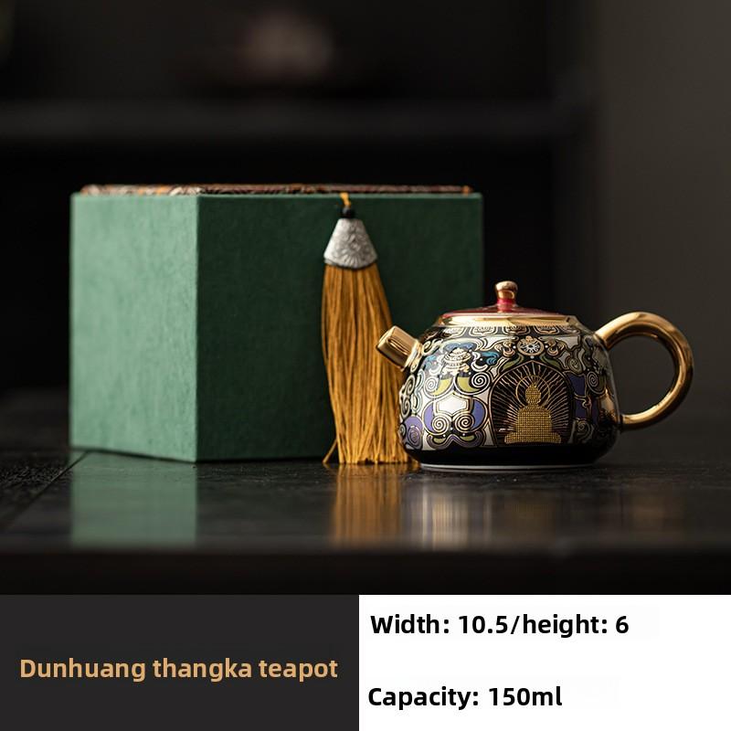 Dunhuang Gold & Silver Inlay Black Thangka Glaze Taotie Teapot for Gongfu Tea Ceremony Home Gift
