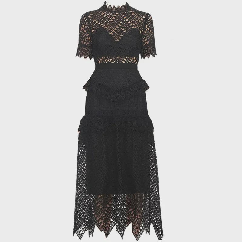 Black Retro Lace Embroidered High Waist Maxi Dress