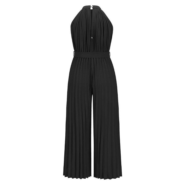 Women Summer Halter Sleeveless Lace Up Slim Wide Jumpsuit Pleated One Piece Trousers