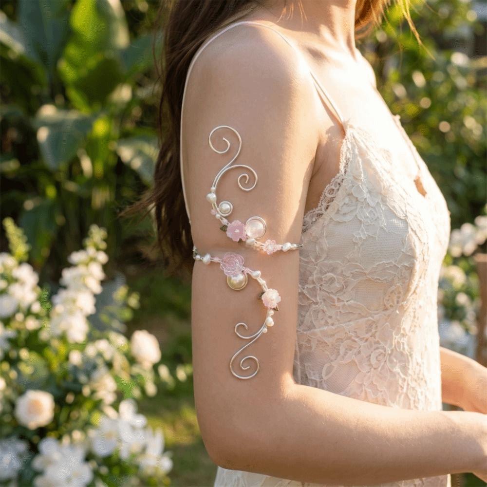 Adjustable Flower Arm Cuff Pearl Open Arm Bangle Boho Hollow Out Arm Band  Men