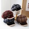 Vintage Grid Pattern Wool Octagonal Hat With Warmth And Windproof For Winter Wear