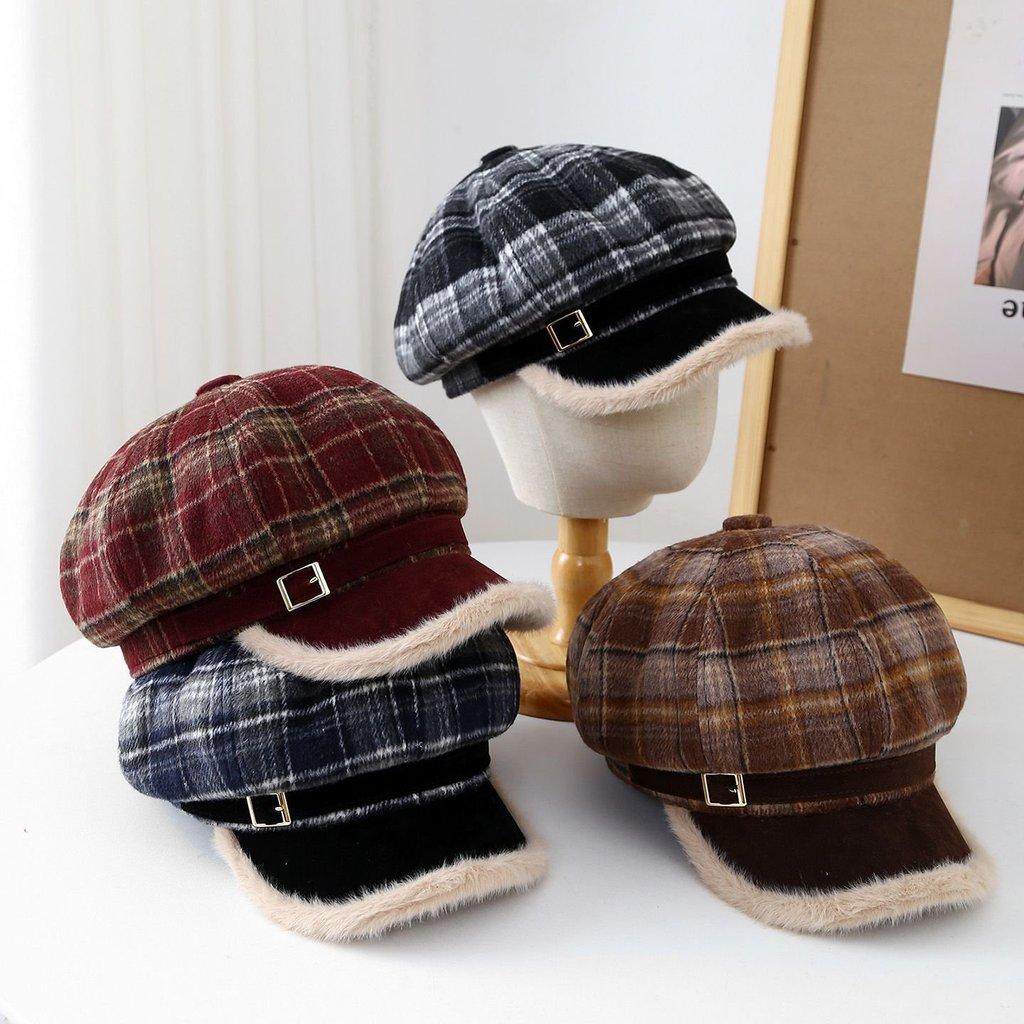 Vintage Grid Pattern Wool Octagonal Hat With Warmth And Windproof For Winter Wear