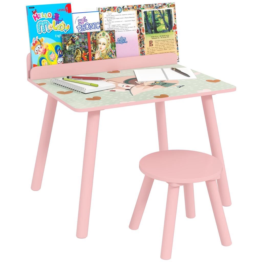 Children's Table and Chair Set, Table for Children with Chair with Book Holder, Bear Pattern, for Children 3-8 Years, Pink