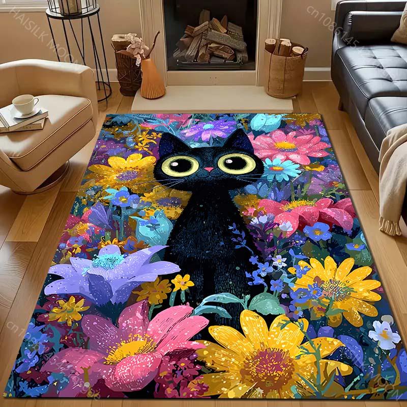 1PC Black cat among flowers Pattern Rug Carpets for Bedroom Living Room Sofa Mat Creative Door Mat Cloakroom Home Decor