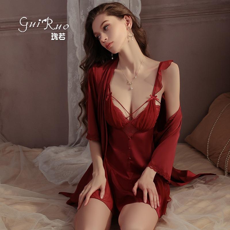 Ladies' Underwear Sweet Flying Sleeves Gather and Add Chest Pads Sexy Satin Nightdress Open Robe Women's Suit