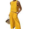 2Pcs/Set Women Summer Outfit O-neck Sleeveless Vest Elastic High Waist Long Pants Set Solid Color Thin Casual Outfit