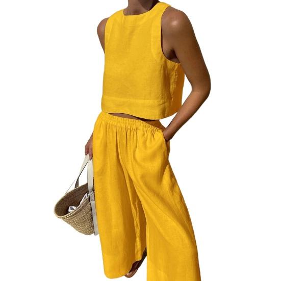 2Pcs/Set Women Summer Outfit O-neck Sleeveless Vest Elastic High Waist Long Pants Set Solid Color Thin Casual Outfit