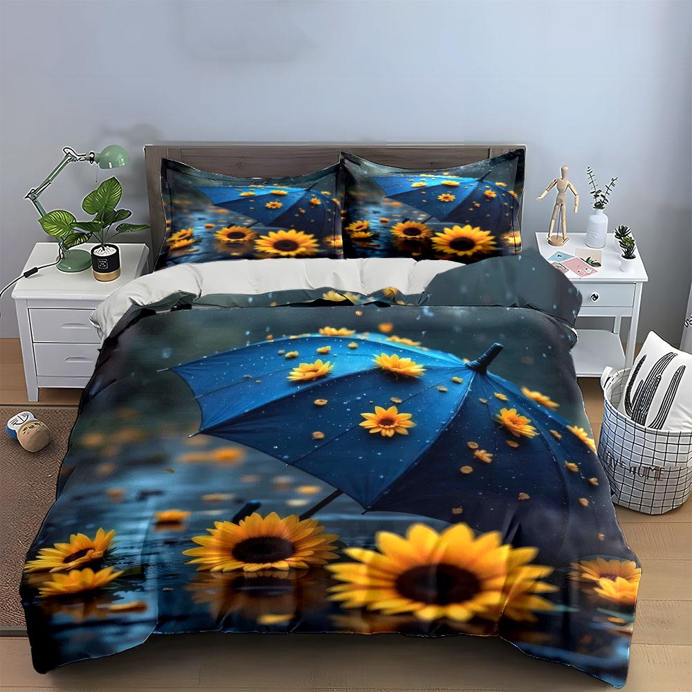 Sunflower Umbrella Set For Rainy Days Soft Comfortable Duvet Cover Bedding Set Included 1*Duvet Cover & 2*Pillowcases, Gift