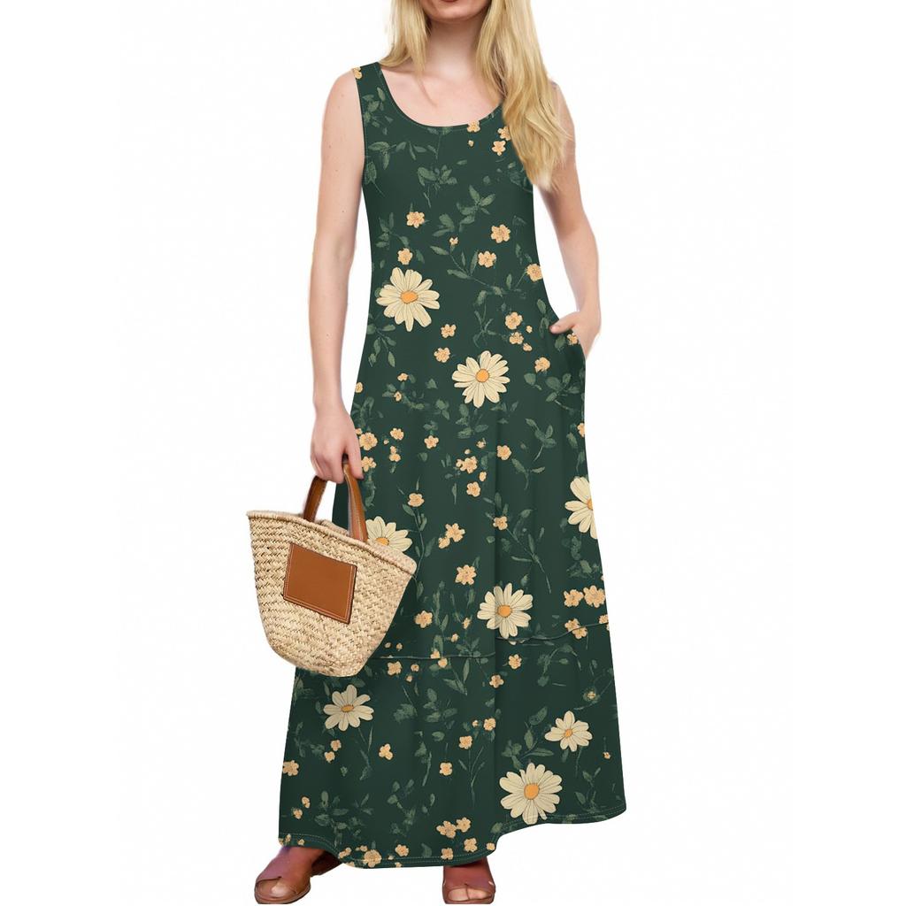 Women's Casual Floor-length Sundress Summer Beach Dress Round Neck Sleeveless Loose  Print Sundress