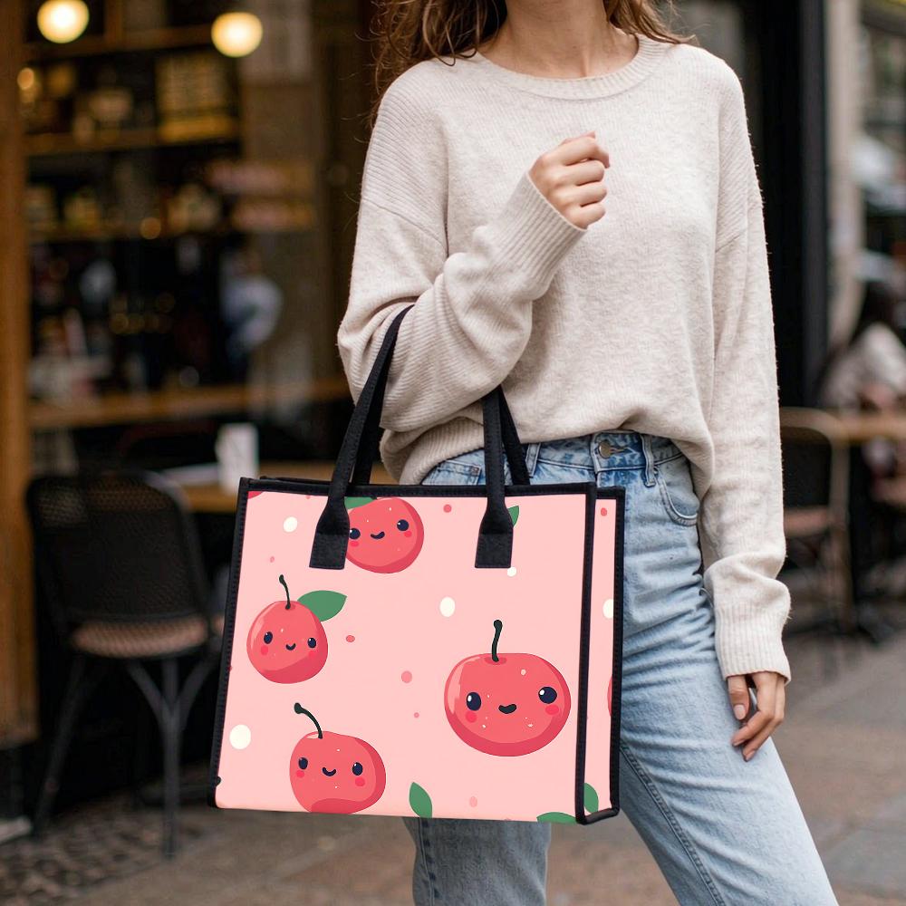 Cute Cherry Printed Tote Bag Casual Lightweight Handbag for Daily Shopping Use