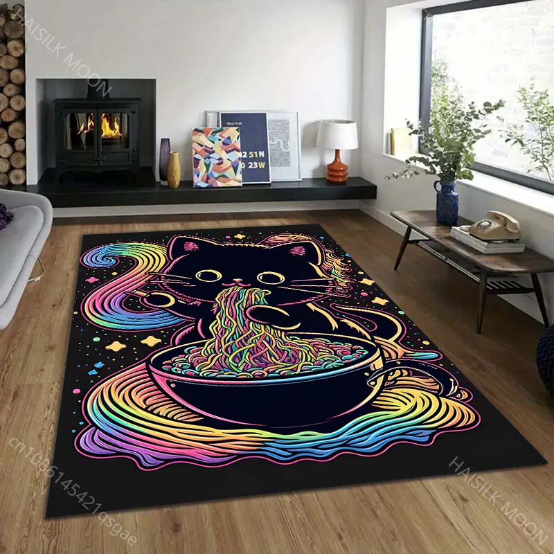 Cute black cat eating noodles Pattern Rug Carpets for Bedroom Living Room Sofa Mat Creative Door Mat Cloakroom Home Decor