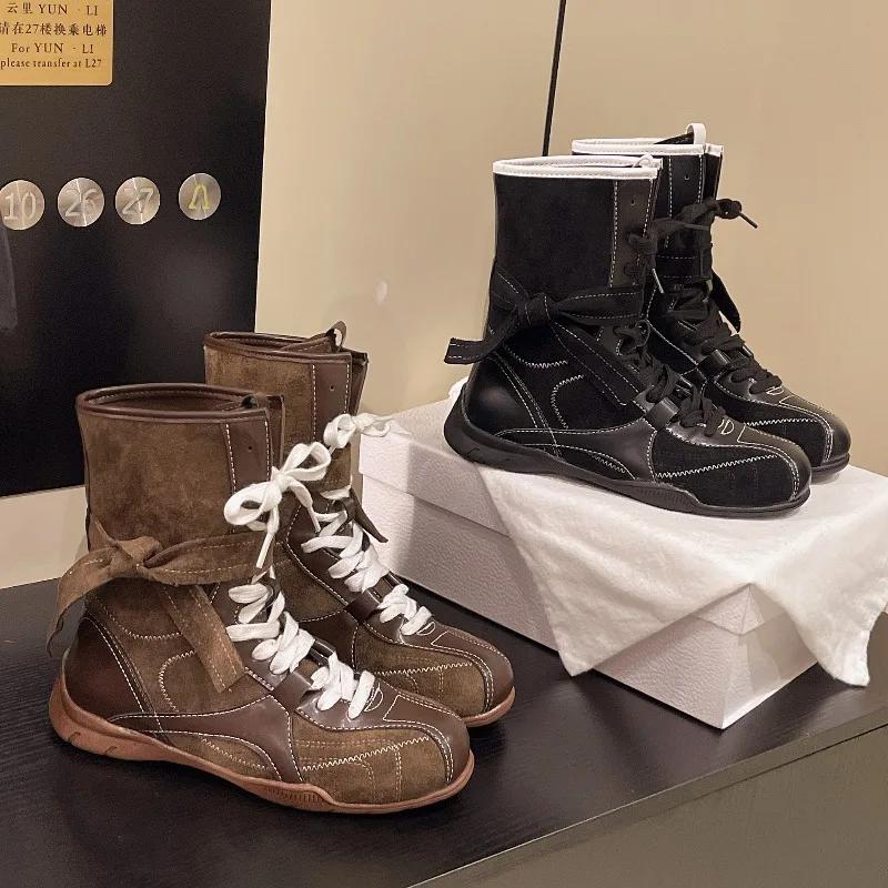 Fashion Fashion Lace Up Mid Calf Boots Women Y2K Gothic Low Heels Motorcycles Boots Woman Pu Leather Patchwork Punk Riding Botas Mujer