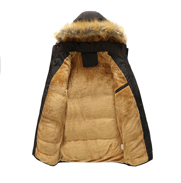 Winter Men's Casual Plus Velvet Thick Warm Hooded Big Fur Collar Mid-Length Cotton Coat