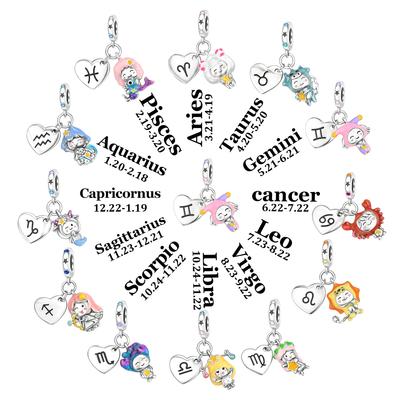 Lovely Copper 12 Zodiac Signs&Badge Combination Charm Fit Diy Brand Bracelet Birthday Wishes And Lucky Jewelry