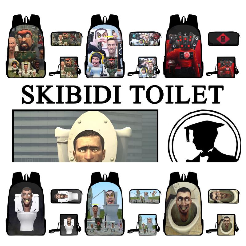Cartoon Toilet Skibidi Backpack Pencil Case Large Capacity Schoolbag Travel Bag