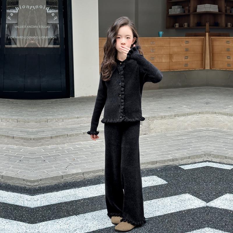 

Модный вязаный кардиган и брюки палаццо для девочек, 2025 130 cm темно-серого