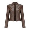 Women Spring Autumn Short Rivet Stand Collar Long Sleeve Zipper Thin Pu Leather Jacket S-3XL
