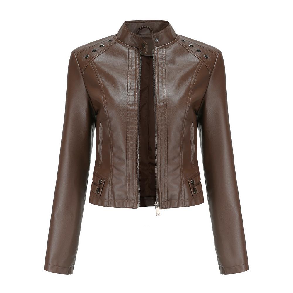 Women Spring Autumn Short Rivet Stand Collar Long Sleeve Zipper Thin Pu Leather Jacket S-3XL