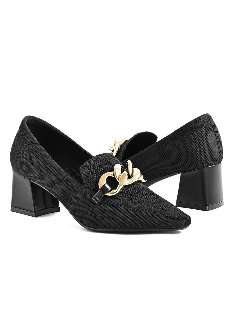 2026 European Style Flyknit Slip-on Loafers with Metal Decoration and Chunky Pointed Toe Heel